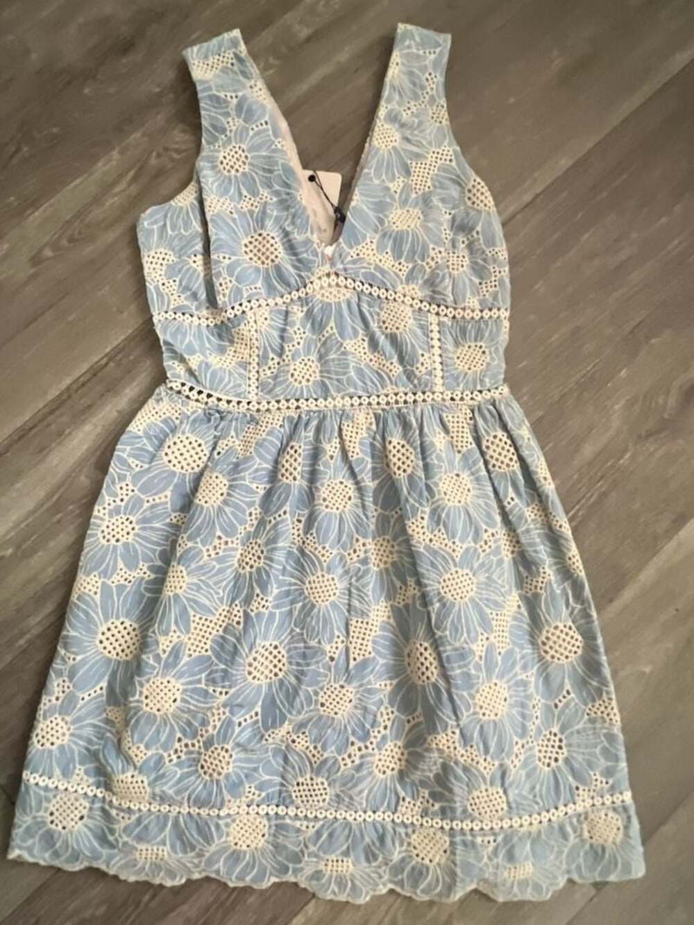Adelyn Rae Cottage Core Floral Eyelet Sleeveless Mini Dress with Lace Trim